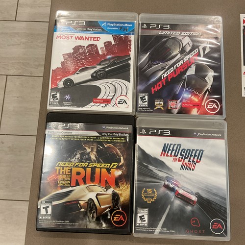 PS3 Need for Speed Most Wanted Hot Pursuit Rivals Run cases with white sports cars and neon-lit city streets.