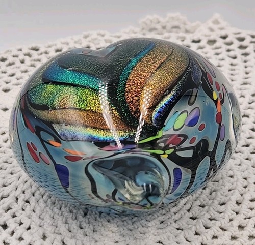 Rollin Karg Signed Dichroic Iridescent Handblown Glass Heart Paperweight HTF - Picture 3 of 9