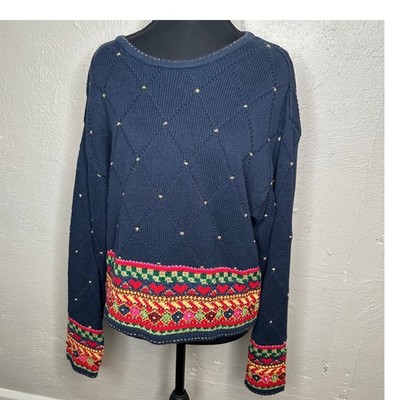 Vintage Lizsport Navy Blue Diamond Knit Sweater Embellished Holiday Women S