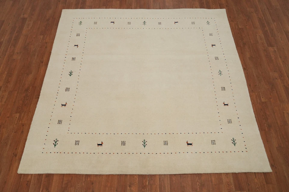 Bordered Tribal Style Handmade Wool Indian Area Rug 7x7 ft Square Carpet - Image 2 of 4