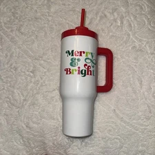 Sleigh Bell Bistro Christmas, "Merry & Bright" Stainless Steel Tumbler 40 Oz New