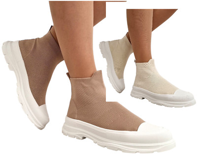 Damen Schlupfsocken Sneaker dicke Sohle Strick Turnschuhe Plateau Stiefeletten Größen