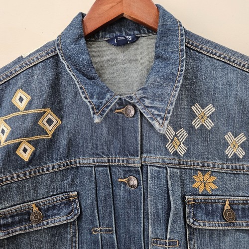 Chaps Womens Aztec Embroidered Jean Jacket Plus Size 2X Blue Denim Southwestern - Picture 3 of 12