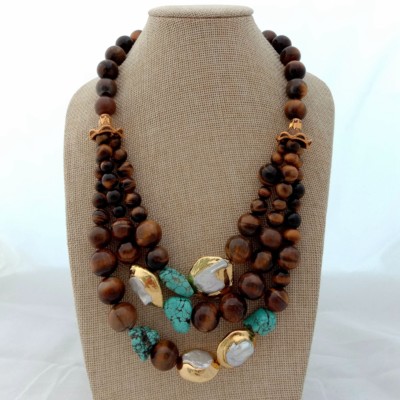 20'' 3 Strands White Keshi Pearl Tigers Eye Turquoise Necklace