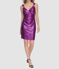 Guess Women Purple Sequins V-Neck Sleeveless Bodycon O-Ring-Strap Dress Size 12