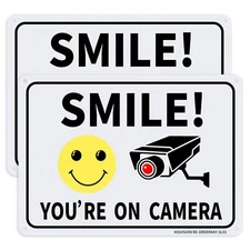 2 Pack 10x7 Inch Smile You're On Camera Sign Aluminum Video Surveillance Sign