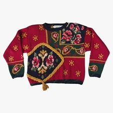 VTG Eagle’s Eye Sweater L Floral Tapestry Knit 90s Folk Art Roped Tassel Boxy