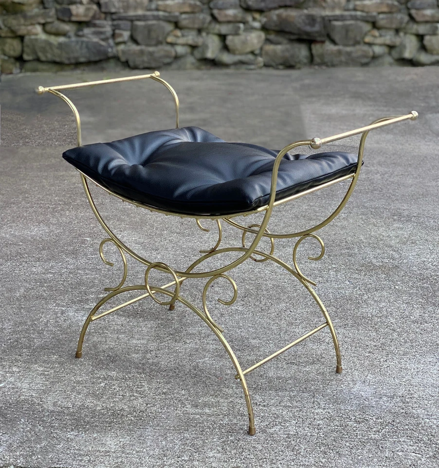 复古艺术装饰黄铜梳妆座椅窗长椅带塔夫特靠垫 — 第 2/4 张图片