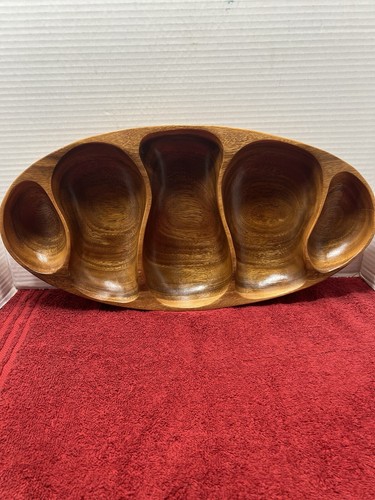 VTG Hand Carved MCM Teak Wood Divided Serving Dish 5 Sections Entertaining Decor - Picture 8 of 19
