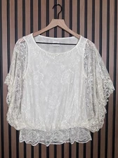 Eci Top Medium Womens White Lace Blouson Sheer 100% Nylon Blouse
