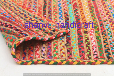 Indian Braided Rectangle Handmade Bohemian Jute Area Floor Rug Rags Carpet Mat
