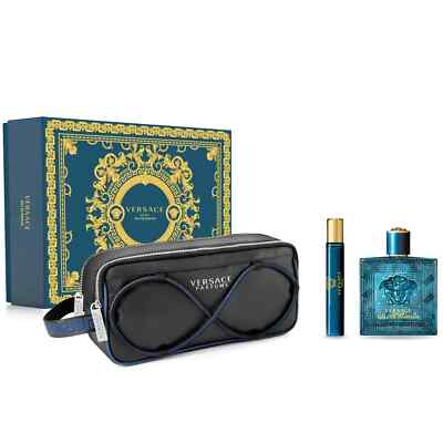 Versace Eros Men's 3 pc set 3.4oz EDP Spray + 0.3 oz Mini Spray + Trousse