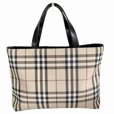 Burberry London Nova Check Tote Bag Beige PVC Black Leather Handles Italy