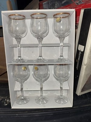 Set of 6 Bohemia Geneve Wine Glasses Gold Rim Fine Lead Crystal 8oz  7 1/4''H