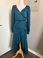 Express Women's Small Emerald Green Dress Flowy High Low Maxi Midi Long Sleeve