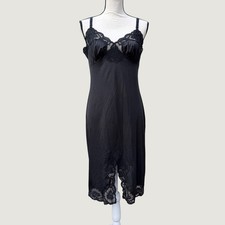 Vintage Shadowline Black Lace Trim Full Slip Dress 36 Tall Made in USA Nylon