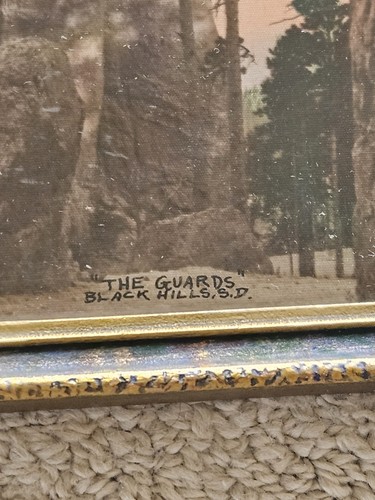 1940 Farbdruck gerahmt The Guards Black Hills SD Bäume Dämmerung Dämmerung gold blau Holz - Bild 5 von 8