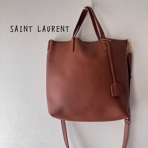 YSL Saint Laurent Tote Shoulder Bag Brown Leather Logo Charm 2way Women's