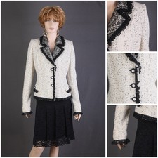St. John COUTURE TWEED KNIT 2 PC Suit,JACKET SKIRT,IVORY/BLACK ,SIZE 10 12,CHIC