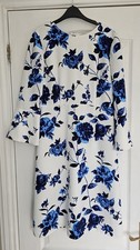 Hobbs UK 10 Safia Blue Ivory/White Floral Crepe 3/4 Fluted Sleeve Occasion Dress