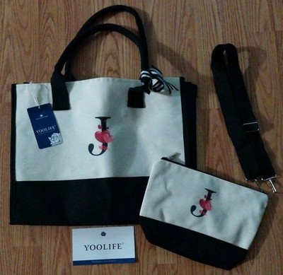 New w/Tags - Personalized '' J ''  Embroidered 2-Pc Tote & cosmetics Bag - YOOLIFE