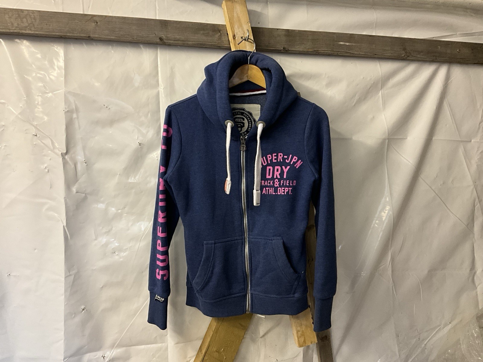 Superdry Women's Track & Field Zip Hoodie Eclipse Navy Pink Logo Size S