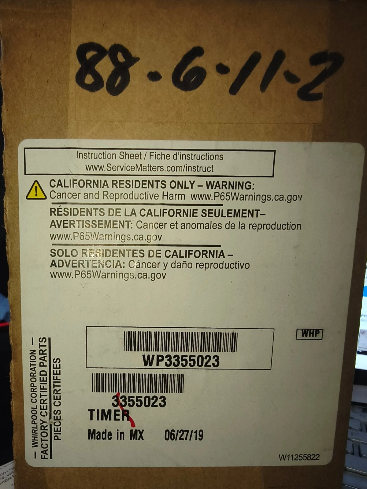 WHIRLPOOL WASHING MACHINE TIMER WP3355023 NEW
