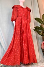 Maxi abito formale vintage anni 40 rosso e oro a pois Flobert, 38 busto, 27 vita