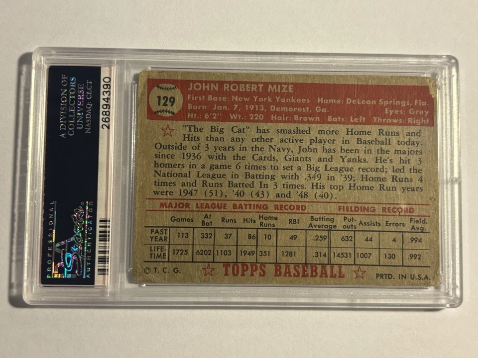 Johnny Mize Autograph 1952 Topps #129 PSA DNA Authentic Vintage Baseball Yankees - Image 2 of 2