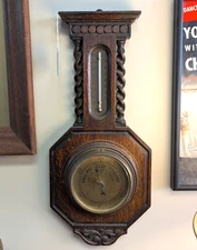 Antique German Carved Wood Barley Twist Barometer Wall Thermometer