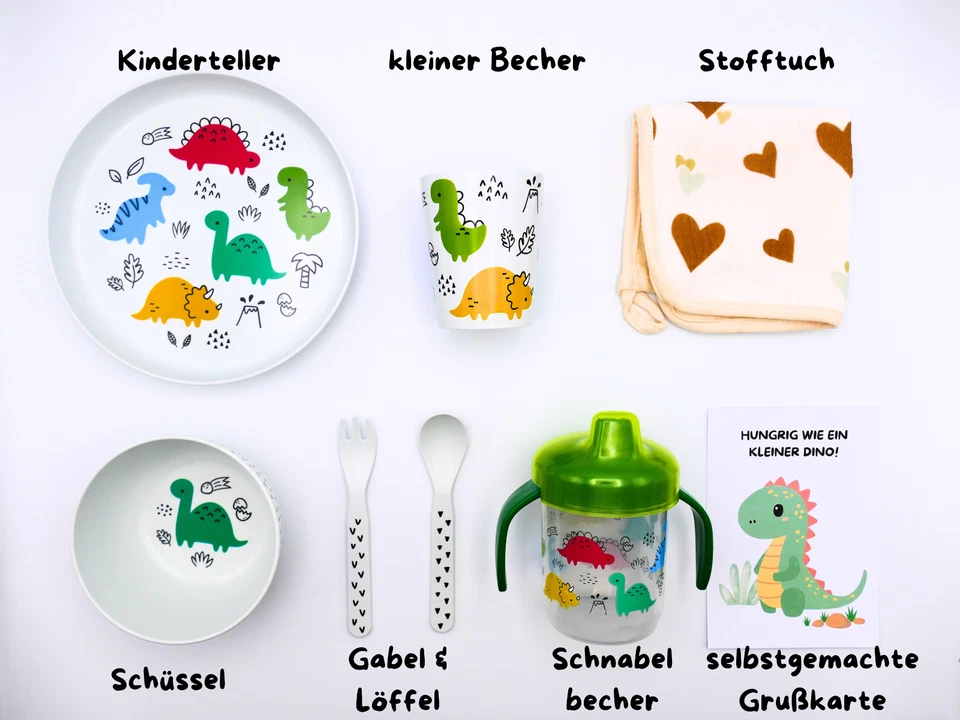 Kinder Geschirr Set Dino | Weihnachten Geschenkbox Kinderteller Schüssel Becher - Bild 2 von 4