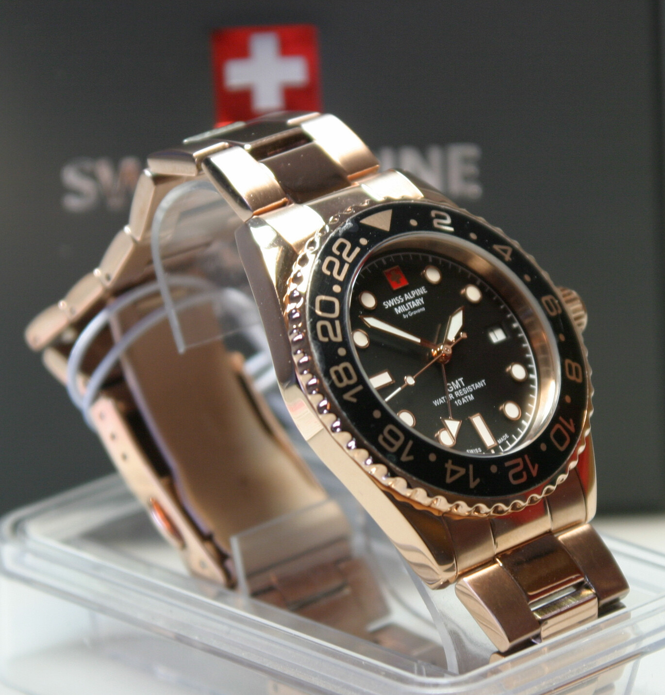 Swiss Alpine Military GMT 10ATM czarny / czarny Szwajcarski Made nienoszony Popularne nowe