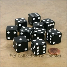 NEW Set of 10 Black 19mm 3/4 inch Large D6 Six Sided RPG Bunco Game Dice Koplow