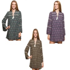 She + Sky Mustard Purple Teal Bohemian Boho Long Sleeves Lined Shift Dress