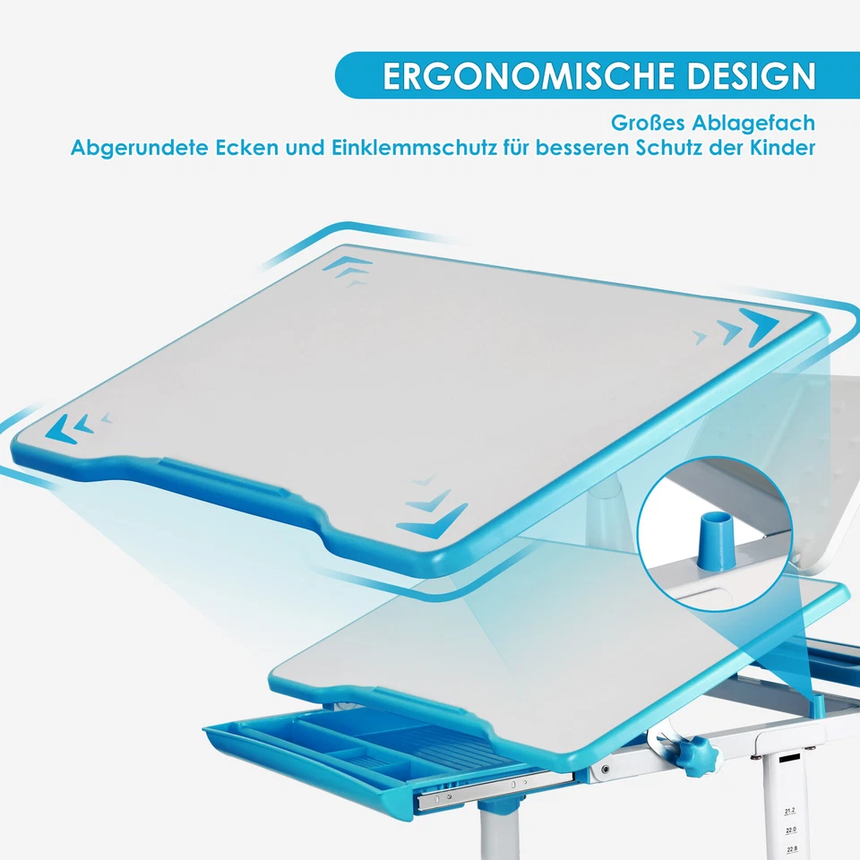 Kinderschreibtisch Schülerschreibtisch Verstellbar Neigbar mit Stuhl&Lampe Blau - Bild 3 von 4