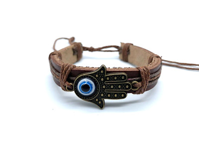 Brown Leather Bracelet Fortune Hand Turkish Eye old gold Gift