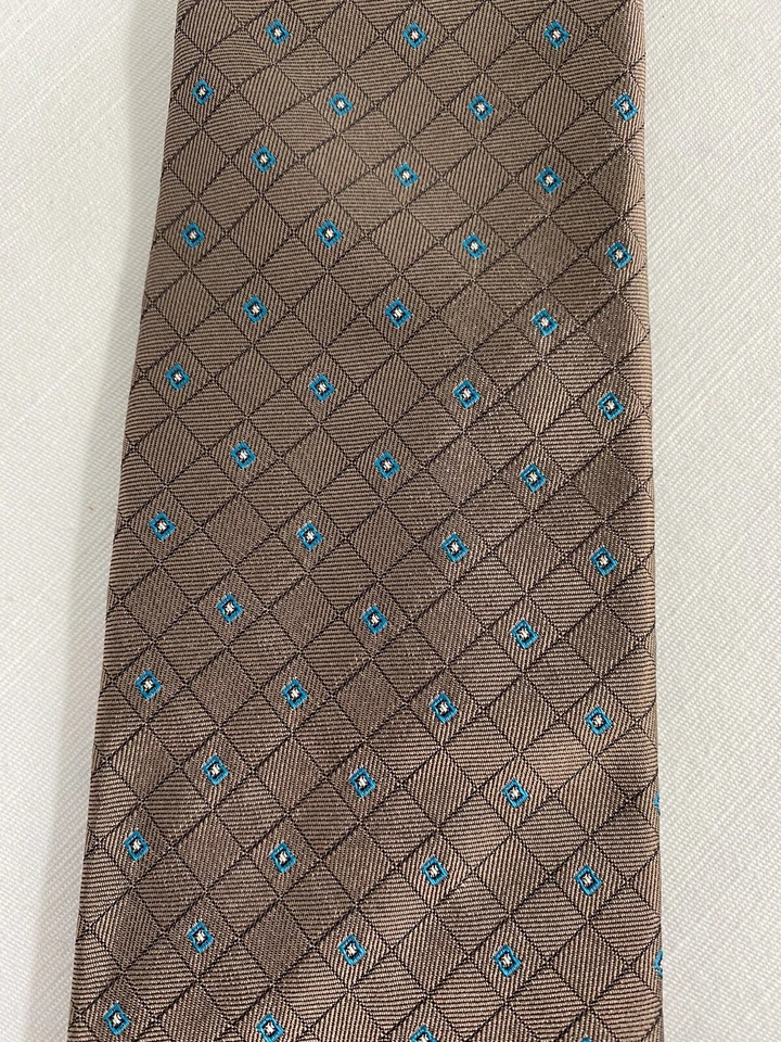 Corbata Oscar de la Renta marrón azul caja a cuadros 100 % seda para hombre (48”x 3”) Foto 2 de 4