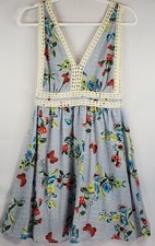 Humming Bird Dress Womens Small Blue Striped Floral Pattern V Neck Crochet Trim