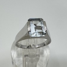 14K White Gold Natural Emerald Cut Aquamarine Ring Size 6.75 Modernist 3.77g