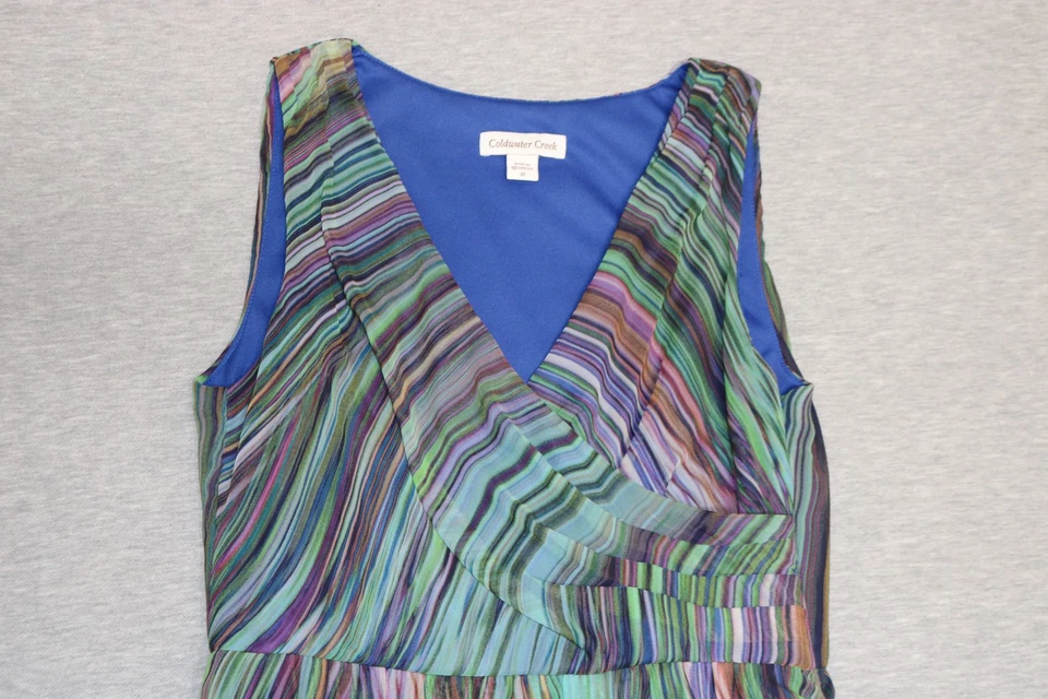 Vestido Coldwater Creek para mujer 10 multicolor maxi sin mangas cuello en V plisado forrado Foto 2 de 4