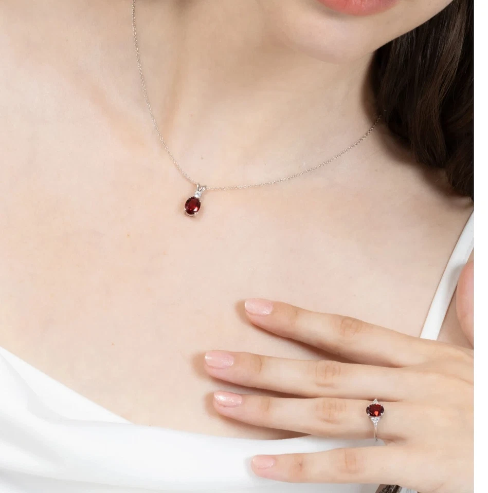 3CT Oval Cut Lab-Created Red Ruby Charm Pendant Ring Set 14K Yellow Gold Plated - Image 4 of 4