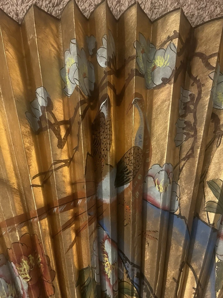 Hermosa pared de abanico floral y pájaro grande chino vintage Foto 3 de 4