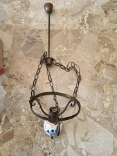 Vintage Lampadario a Sospensione Rustico in Ottone Paralume in Ceramica Anni 60