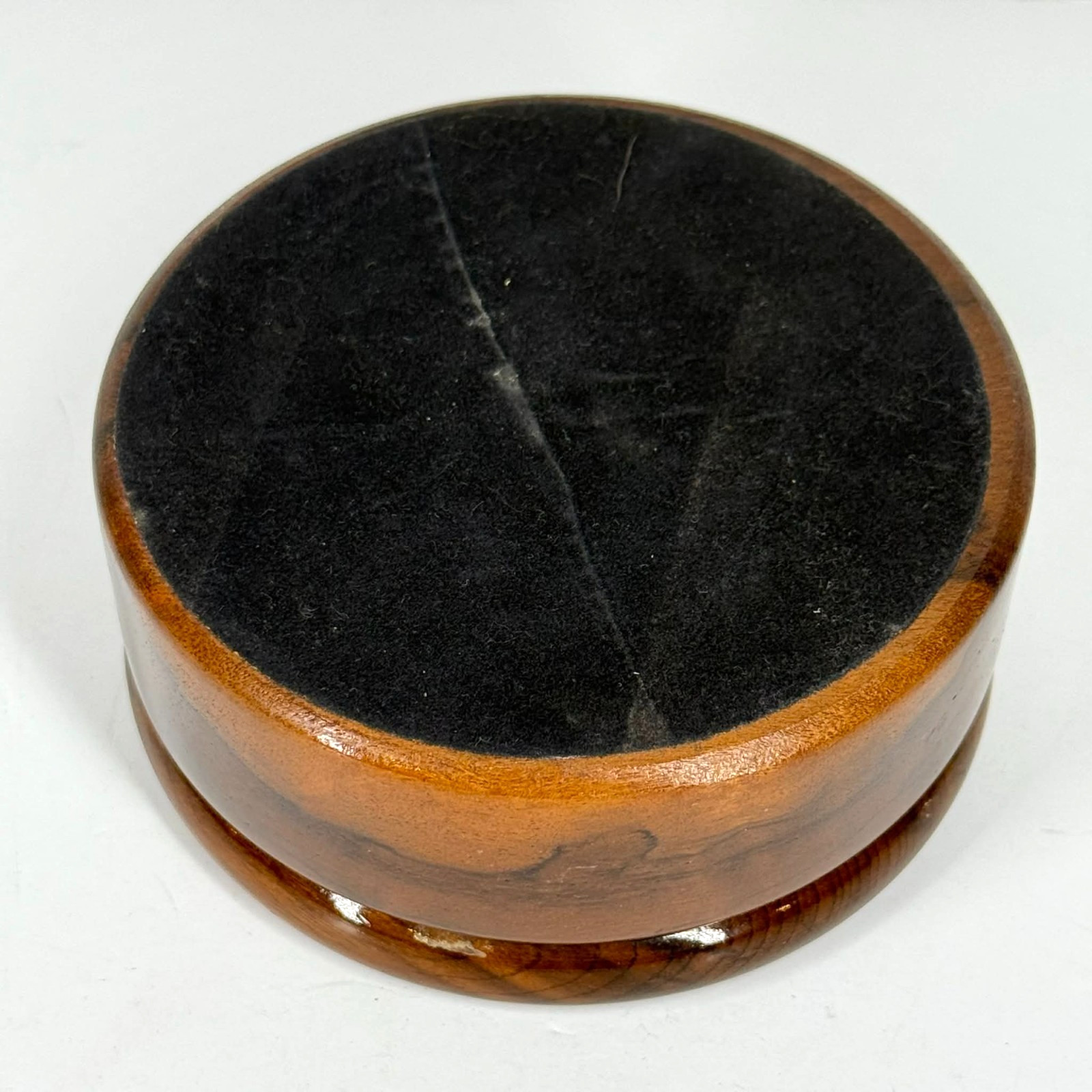 Vintage Walnut Wooden Trinket Box w/ Lid Hand Painted Floral Round Jewelry