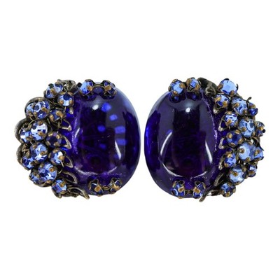 Miriam Haskell Cobalt Blue Cabochon And Rhinestone Earrings 1950s 7/8 in Tall