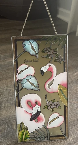 Vintage Faux Stained Glass Wall Art Flamingos Catalina Island Sun Catcher 11”