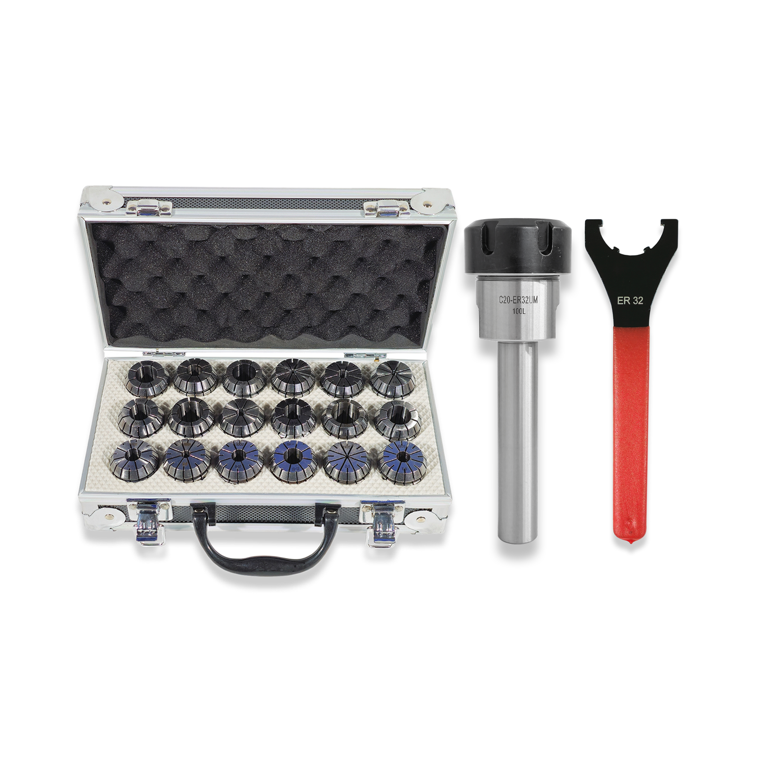 20MM STRAIGHT SHANK ER32 COLLET CHUCK WITH 18PC COLLET SET 2-20MM + SPANNER