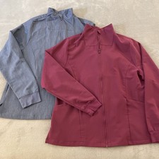 2x Lot MANDALA Equa-Tek Zip Up Modern Scrub Jackets Womens XL Blue Purple Bundle