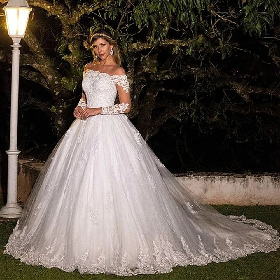 Vestidos de novia de princesa mangas largas fuera del hombro de tul con apliques de encaje vestido Foto 3 de 4