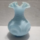 Large Vintage Fenton Blue Custard Satin Glass Draped Ruffled 8” Vase